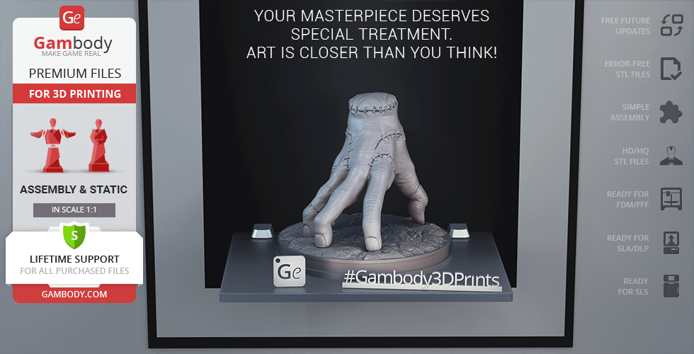 A 3D model of a crawling hand on display, designed for 3D printing.