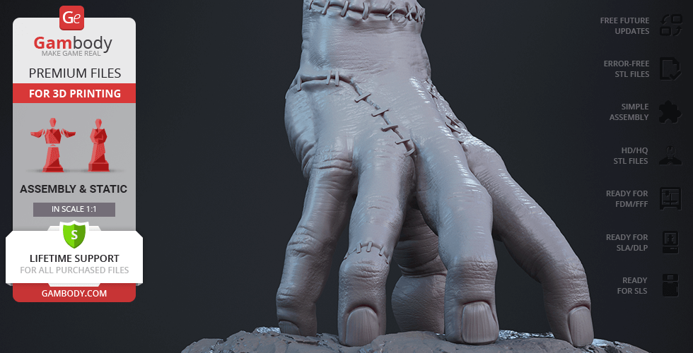 A detailed 3D model of a stitched hand, ready for 3D printing, displayed on a dark background.