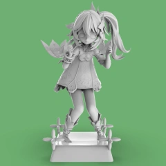 3D model of a whimsical character with twin tails, intricate outfit, and floral accents on a stylized base.