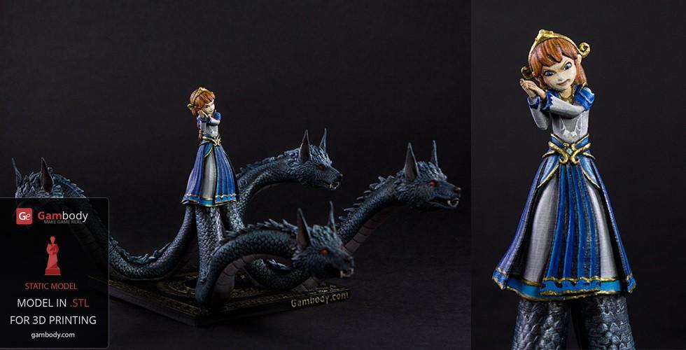 A girl in a blue dress stands with multiple dragon heads, based on the Scylla character from Smite.