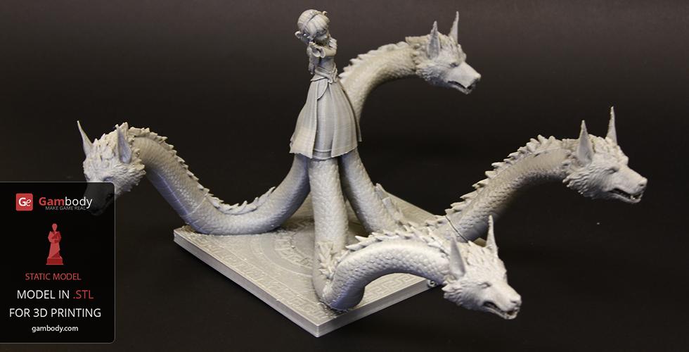 A 3D printed model of a character with four dragon-like heads on snake-like necks.