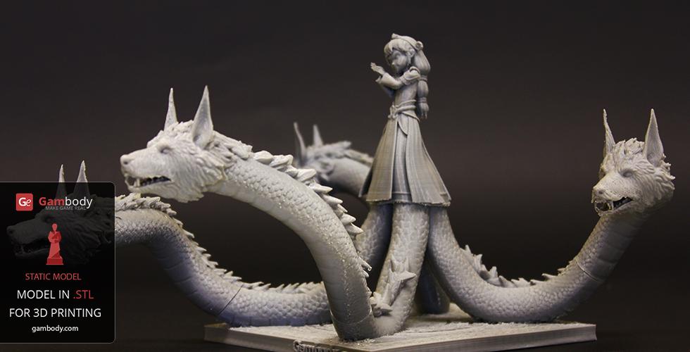 A girl stands on a multi-headed dragon, ready for 3D printing, from the video game Smite.