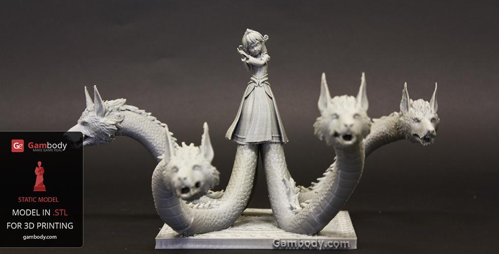A multi-headed dragon-like creature with a humanoid figure in the center, designed for 3D printing.