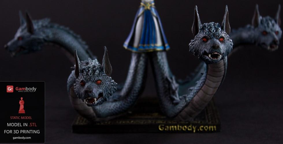 A multi-headed serpent creature with canine features, menacing red eyes, and a draped blue garment.