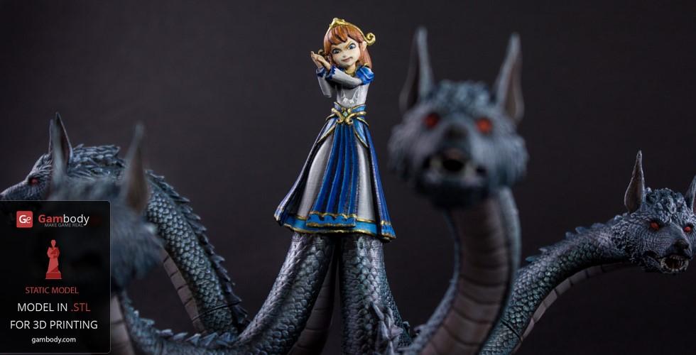 A girl stands atop five snarling hydra heads, wearing a blue and gold dress, ready for 3D printing.