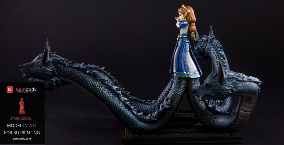 A figure of a girl in a blue dress stands on a serpentine creature with three dragon heads.