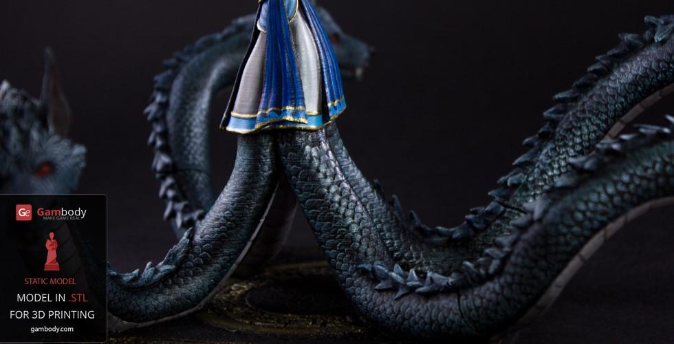 A 3D model of a multi-headed creature with textured scales and a blue garment.