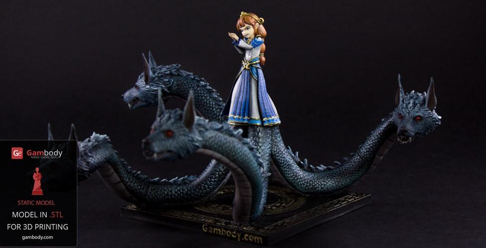 A figure of Scylla with multiple dragon heads surrounding her, designed for 3D printing.