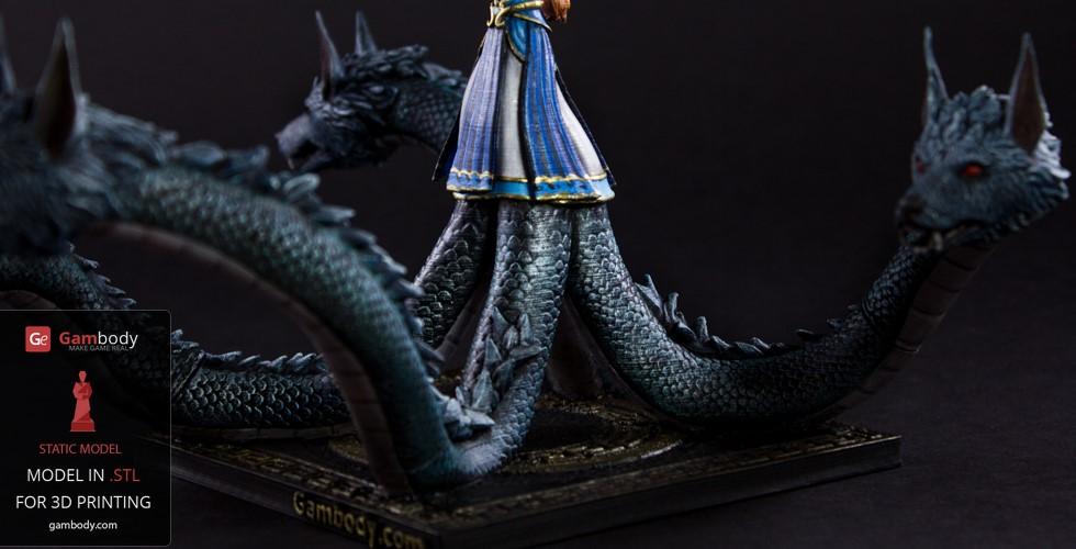 A 3D model of a character with a blue dress and serpent-like dragon heads on a detailed base.