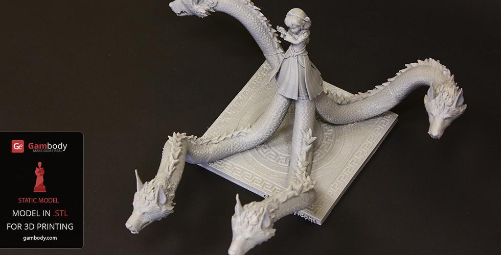 A multi-headed serpent creature with a central figure, based on Scylla from Smite, for 3D printing.