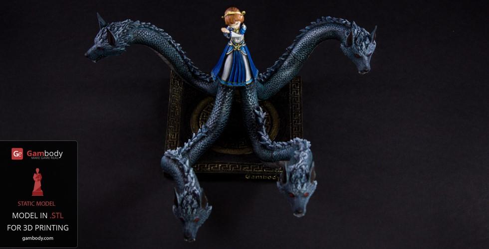 A character stands on a base with four dragon heads extending outward in a symmetrical pattern.