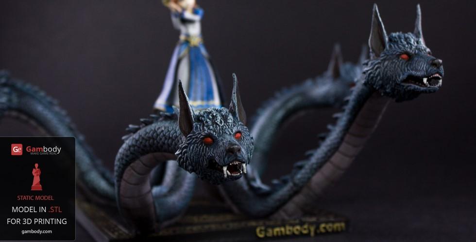 A two-headed, dragon-like creature with glowing red eyes and spiked details, designed for 3D printing.