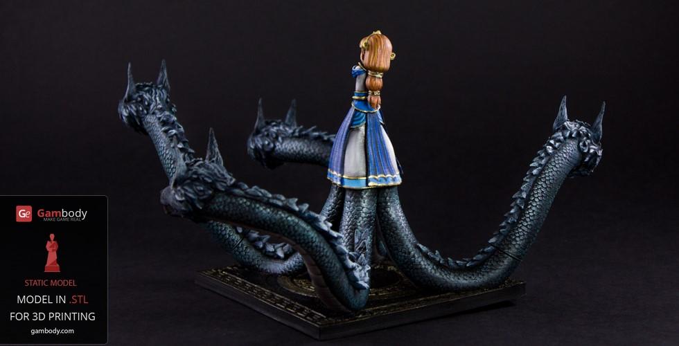 A woman in a blue dress stands surrounded by multiple dragon heads on long necks, forming a circle.