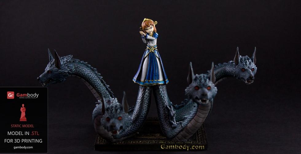 A girl stands surrounded by three dragon-like heads on long necks, forming a fantasy creature statue.
