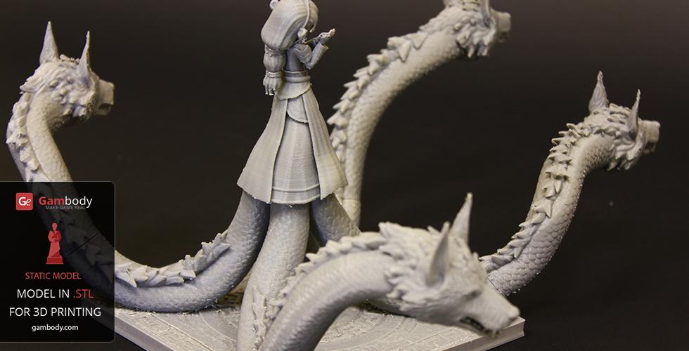 A multi-headed serpent creature with a robed figure, designed for 3D printing on a display base.