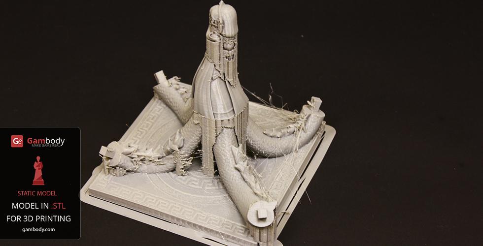 A multi-headed creature with serpentine bodies on a textured square base for 3D printing.