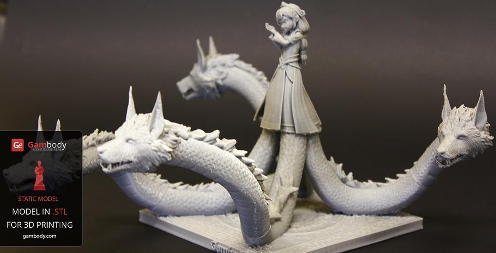 A multi-headed creature model with a figure standing atop, designed for 3D printing.