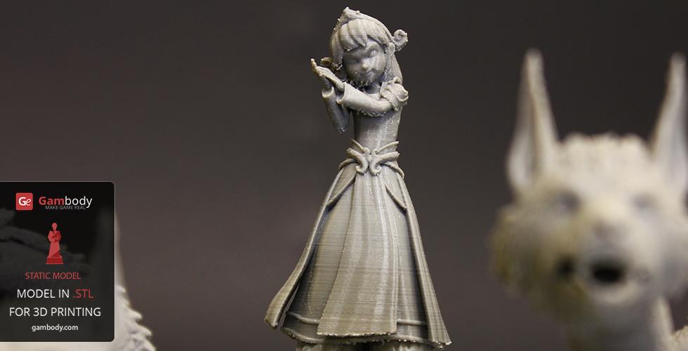 A 3D printed model of a young girl in a detailed dress, standing with arms crossed.