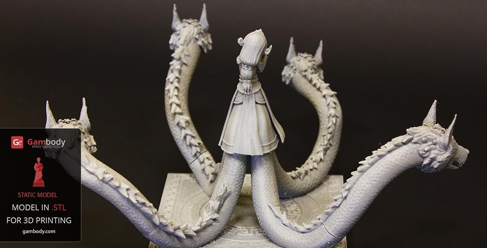 A 3D printed model of Scylla from Smite, featuring a central figure with multiple dragon-like heads.