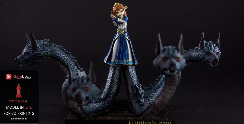 A girl in a blue dress stands among four multi-headed dragon-like creatures.