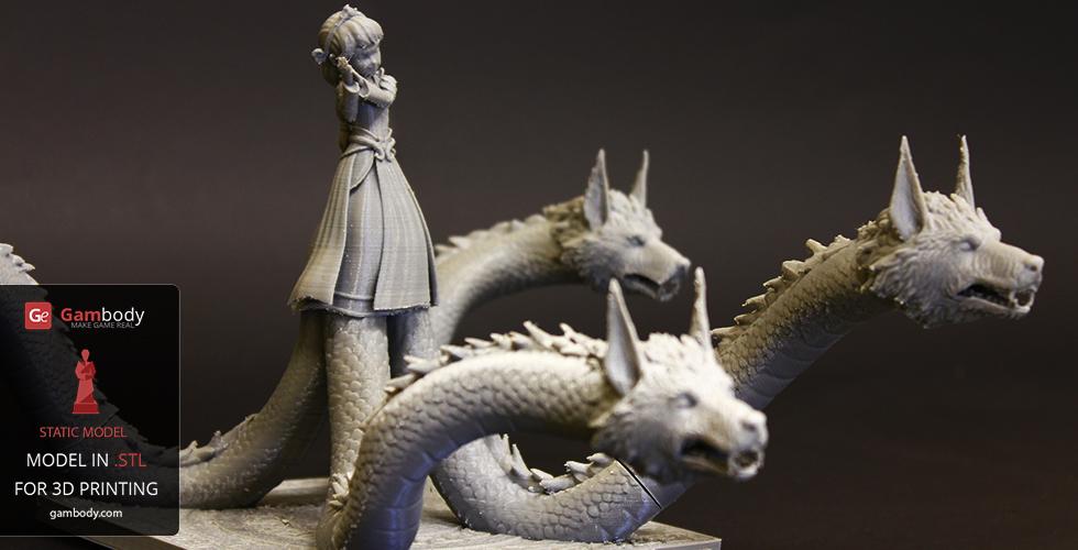 A 3D printed model of a woman standing amid multiple dragon-like serpentine heads.