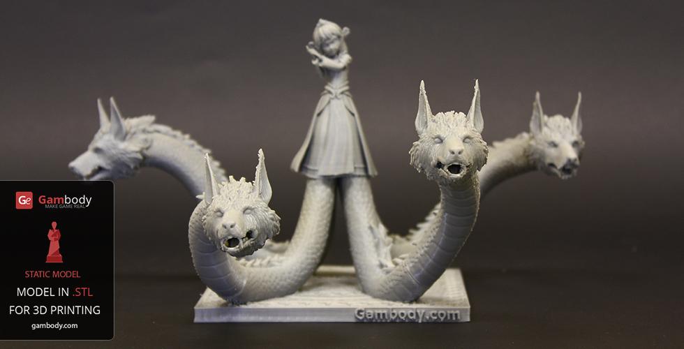 A 3D printed model of Scylla with six snakelike heads and a humanoid figure, on a base.