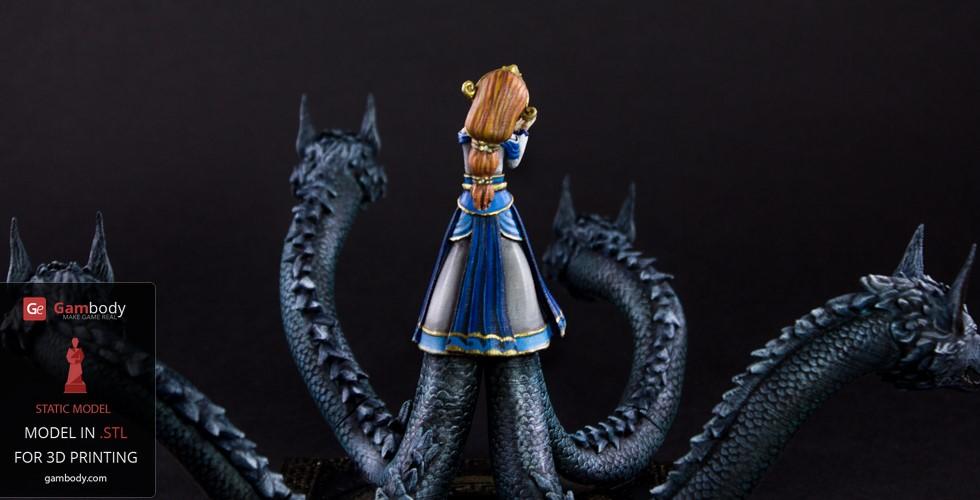 A woman in blue dress stands on a creature with multiple dragon heads and long necks.
