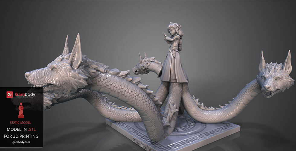 A 3D model of a woman standing on a base with multiple dragon-like heads on long necks surrounding her.