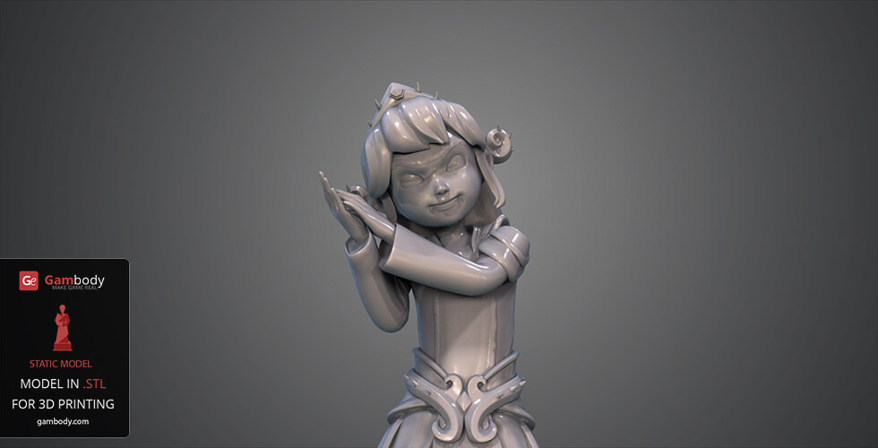 A stylized 3D model of a character with crossed arms, wearing ornate clothing and a playful expression.
