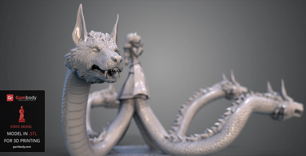 A multi-headed creature model with a menacing wolf head for 3D printing.