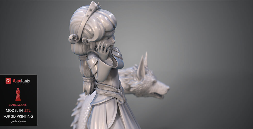 A 3D model of a child-like figure in armor with a wolf head beside them, designed for 3D printing.