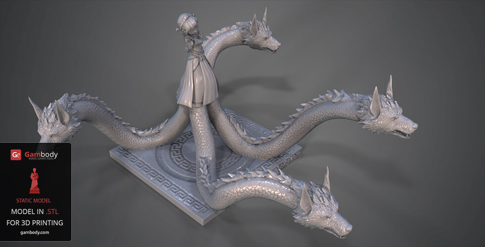 A multi-headed serpent with a figure on its back, designed for 3D printing, featuring intricate details.