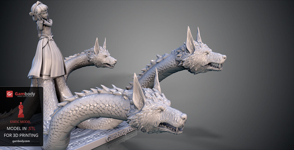 A 3D model of a female character standing on a platform with multiple dragon-like creature heads surrounding her.