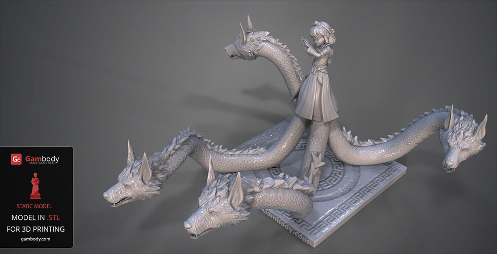 A mythical girl with multiple dragon-like heads extending from her base on a detailed platform.