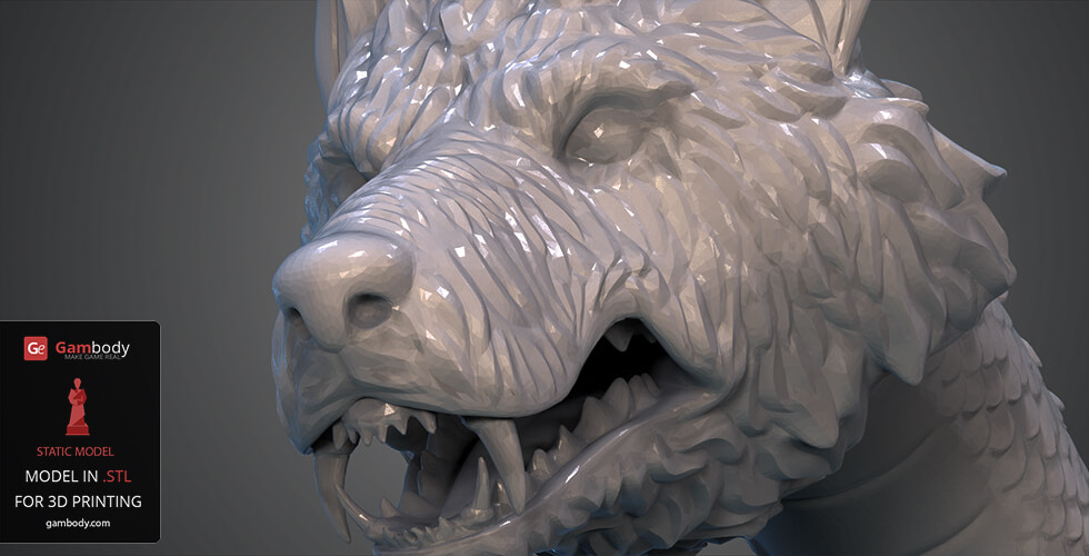 3D model of a mythical creature's detailed snarling face with scaled texture, ready for printing.
