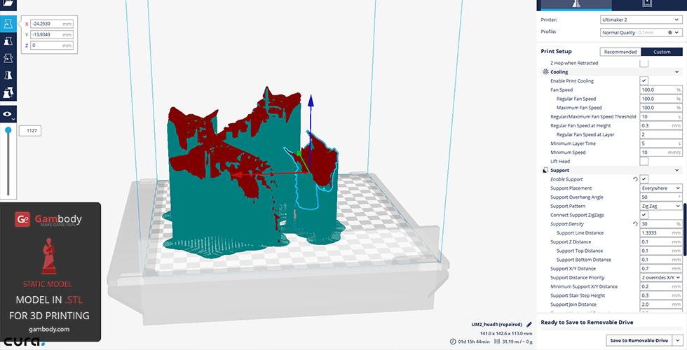 STL file of Scylla model loaded in 3D printing software, showing supports and print settings.