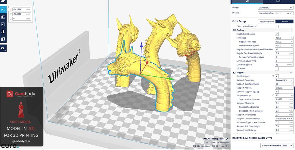 3D model of a multi-headed creature, prepared for printing in Ultimaker Cura software.
