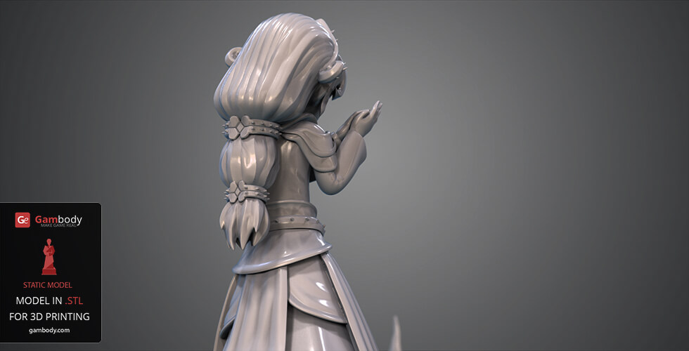 3D model of a character with long hair and a dress, preparing to cast a spell, view from behind.