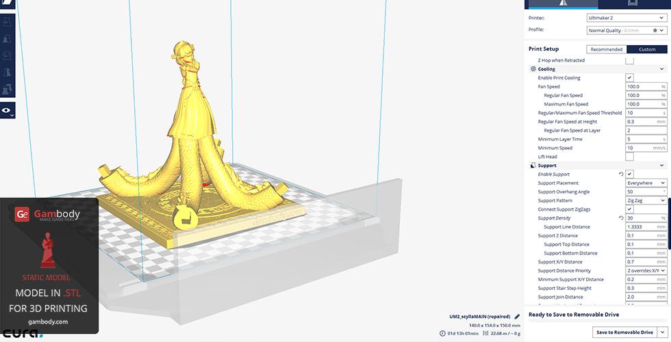 A 3D model of Scylla from Smite, featuring tentacles, is prepared for printing in slicing software.
