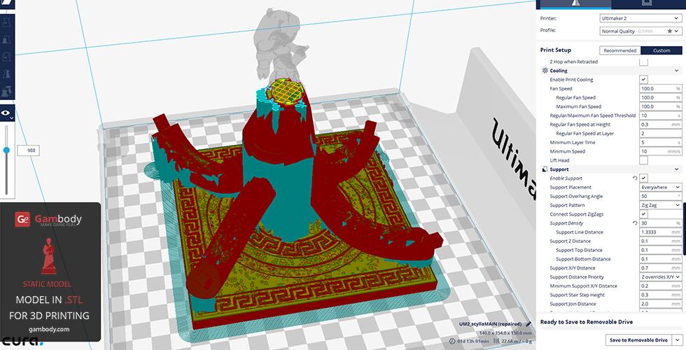 3D printing setup of a multi-tentacled creature model, shown on a checkered platform.