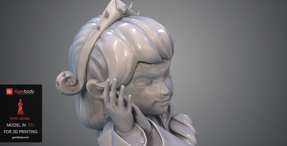 A 3D model of Scylla from Smite, featuring detailed hair and a playful expression, ready for 3D printing.