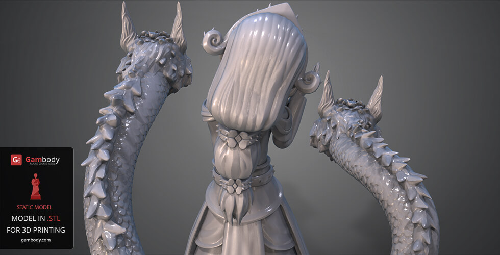 A 3D model of a girl with two dragon-like creatures, designed for 3D printing, shown from the back.