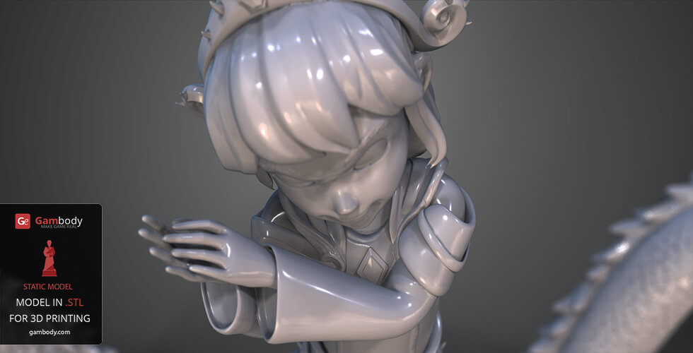 A 3D printed model of a character with detailed hair and outfit, arms crossed, in a dynamic pose.