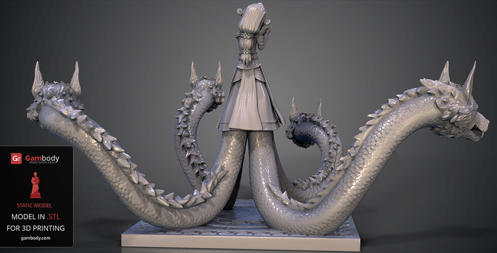 A woman with four serpent heads and necks surrounding her on a square base.