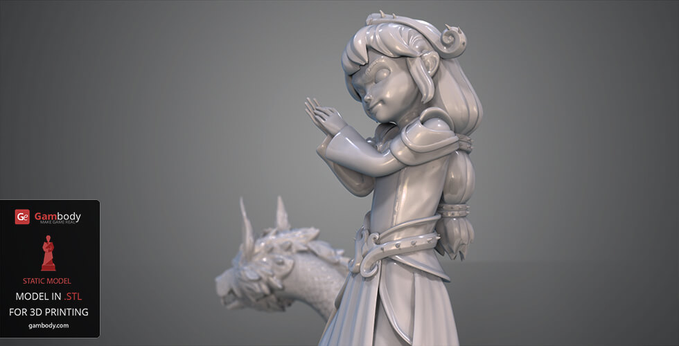 A stylized 3D character with arms crossed, wearing a detailed outfit, beside a dragon-like creature's head.