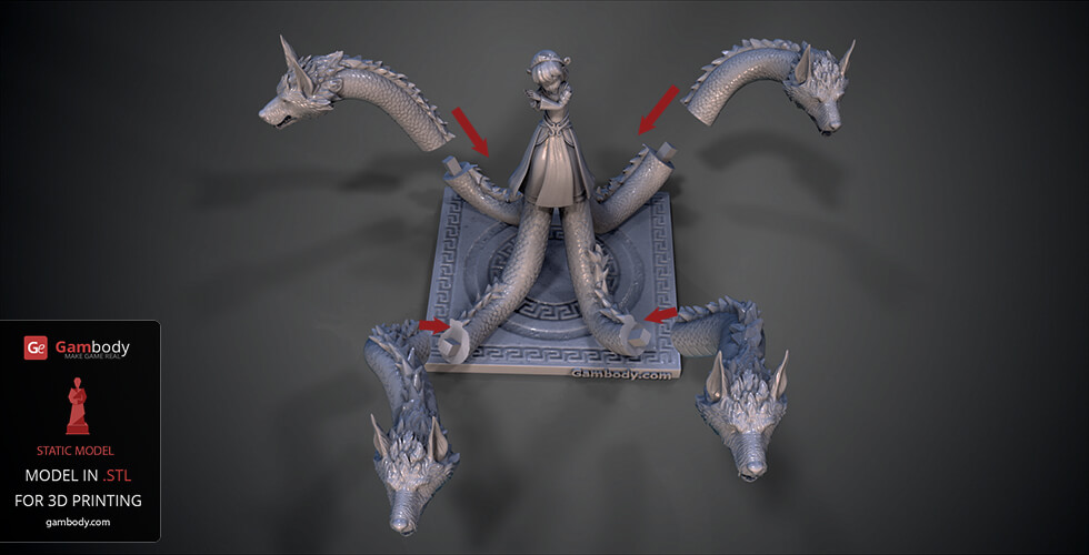 A mythical creature with a female figure and multiple serpentine heads on a pedestal for 3D printing.