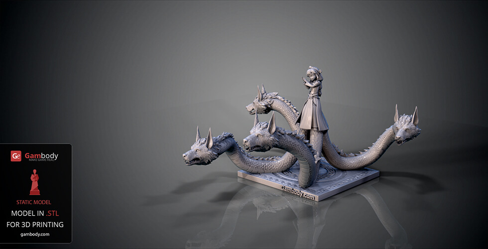 A 3D model of Scylla from Smite, featuring a girl with multiple serpent-like dragon heads on a base.