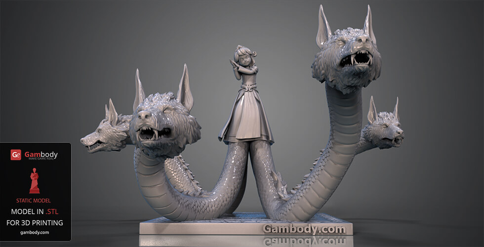A multi-headed dragon-like creature with a woman standing on it, ready for 3D printing.