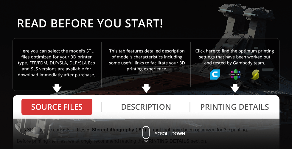 A Venator-class Star Destroyer model overview with STL file options for 3D printing from Gambody.