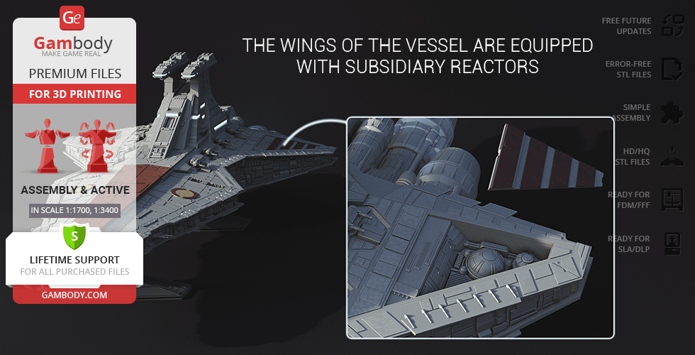 Detailed 3D model of Venator-class Star Destroyer for printing, highlighting subsidiary reactors.